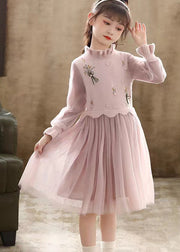 Pink Patchwork Tulle Kids Girls Princess Dress Ruffled Nail Bead Fall