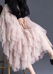 Pink Patchwork Tulle Skirts Wrinkled Asymmetrical Spring