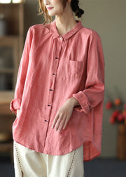 Pink Peter Pan Collar Button Linen Shirts Long Sleeve