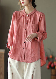 Pink Peter Pan Collar Button Linen Shirts Long Sleeve