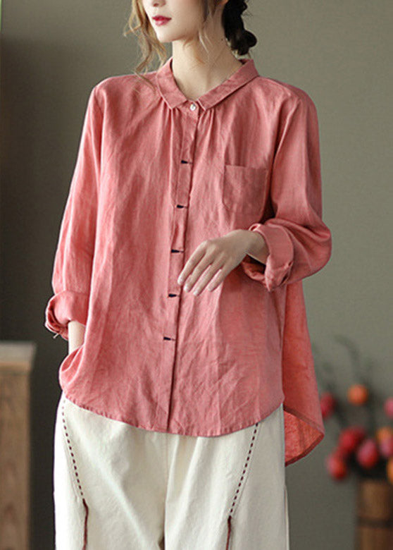 Pink Peter Pan Collar Button Linen Shirts Long Sleeve