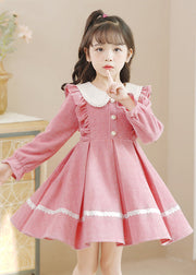 Pink Peter Pan Collar Ruffled Lace Patchwork Button Warm Fleece Kids Mid Dresses Long Sleeve