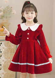 Pink Peter Pan Collar Ruffled Lace Patchwork Button Warm Fleece Kids Mid Dresses Long Sleeve