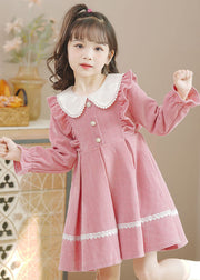 Pink Peter Pan Collar Ruffled Lace Patchwork Button Warm Fleece Kids Mid Dresses Long Sleeve