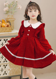 Pink Peter Pan Collar Ruffled Lace Patchwork Button Warm Fleece Kids Mid Dresses Long Sleeve