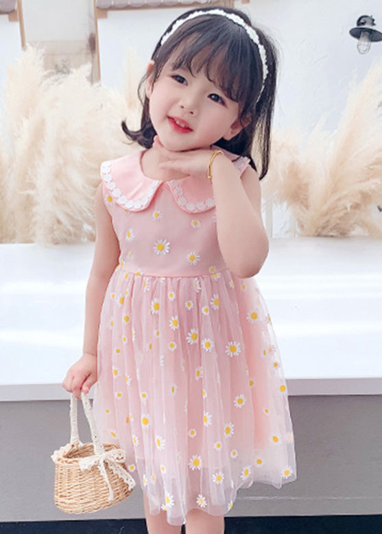 Pink Peter Pan Collar Tulle Girls Maxi Dress Summer