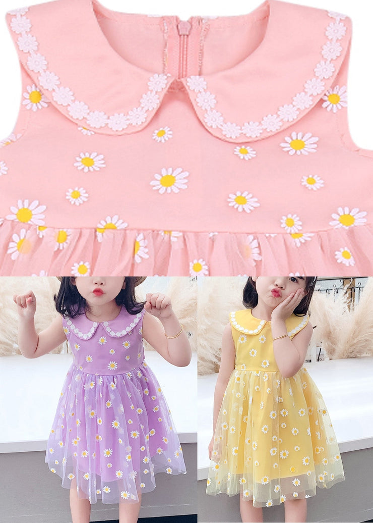 Pink Peter Pan Collar Tulle Girls Maxi Dress Summer