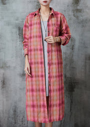 Pink Plaid Cotton Long Shirt Oversized Spring