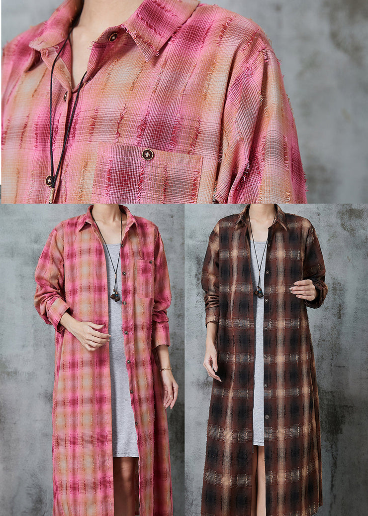 Pink Plaid Cotton Long Shirt Oversized Spring