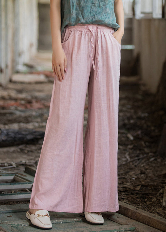 Pink Pockets Linen Wide Leg Pants Elastic Waist