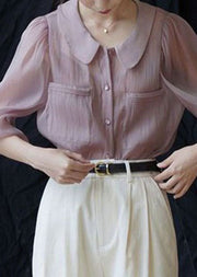 Pink Pockets Patchwork Chiffon Shirt Peter Pan Collar Spring