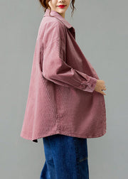 Pink Pockets Patchwork Corduroy Shirts Coat Peter Pan Collar Fall