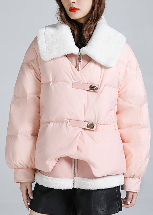 Pink Pockets Patchwork Fine Cotton Filled Puffer Jacket Square Collar Winter