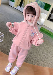 Pink Pockets Patchwork Warm Fleece Girls Two Pieces Set Hooded Long Sleeve