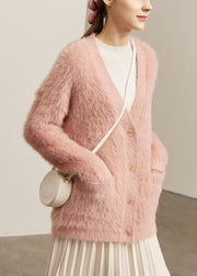 Pink Pockets Solid Mink Velvet Cardigan V Neck Winter