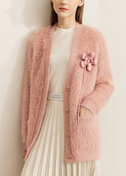 Pink Pockets Solid Mink Velvet Cardigan V Neck Winter