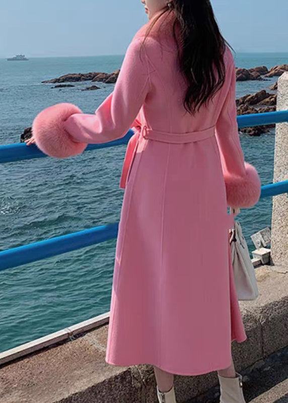 Pink Pockets Woolen Maxi Coat Fox Collar Long Sleeve