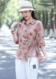 Pink Print Button Linen Shirts Tops Peter Pan Collar Lace Up Summer