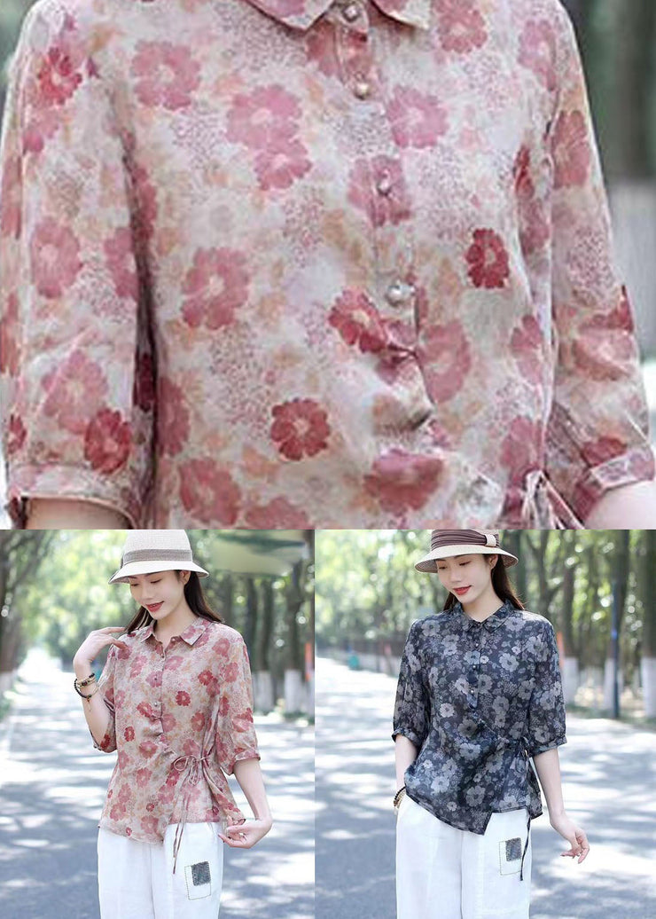 Pink Print Button Linen Shirts Tops Peter Pan Collar Lace Up Summer