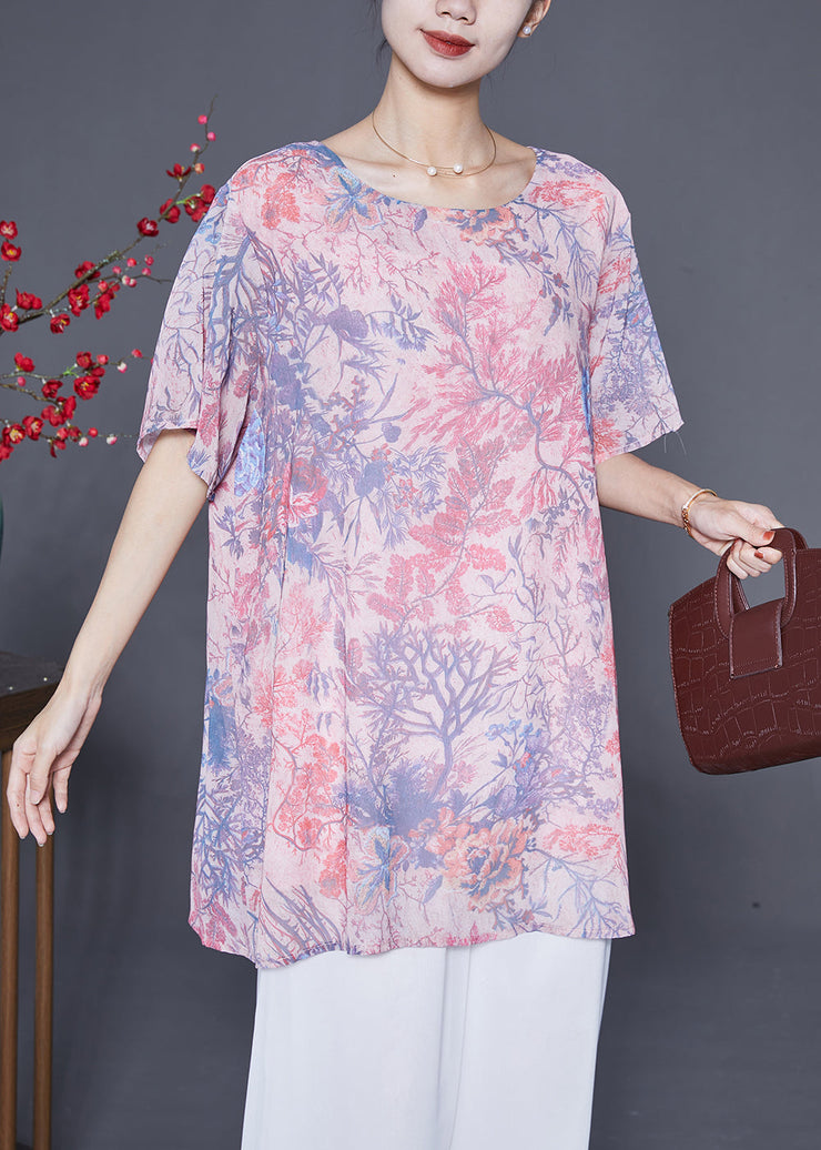 Pink Print Chiffon Blouse Top Oversized Draping Summer