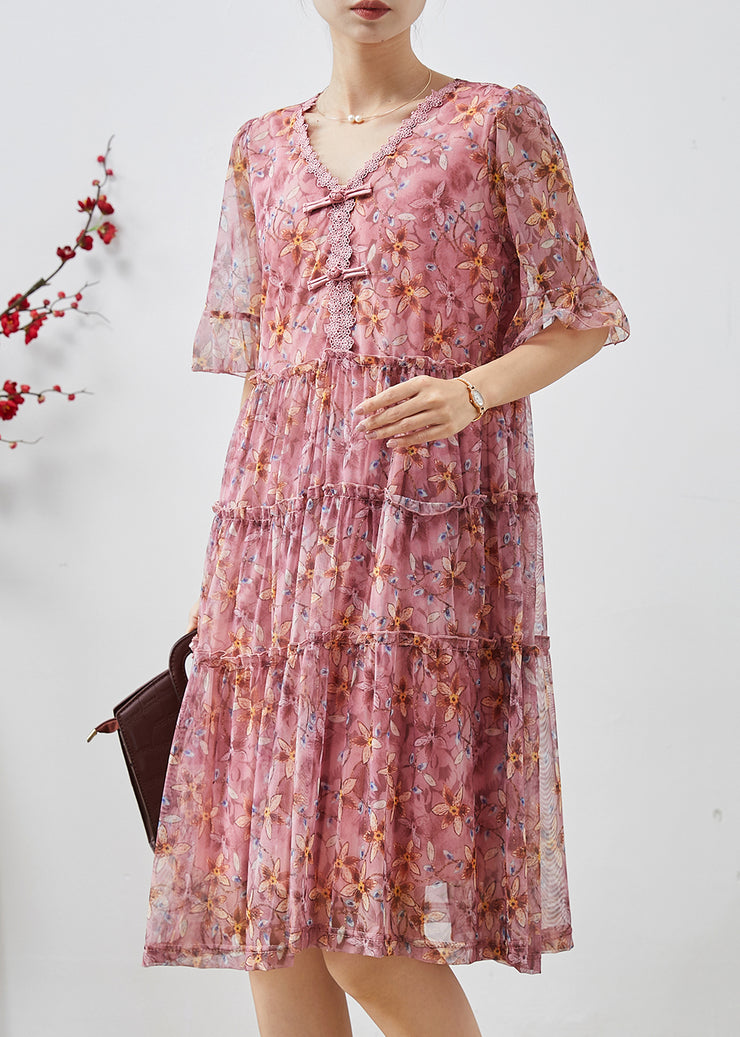 Pink Print Chiffon Long Dresses Chinese Button Summer