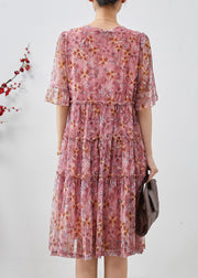 Pink Print Chiffon Long Dresses Chinese Button Summer