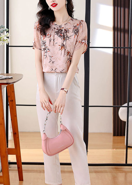 Pink Print Chiffon Top Tasseled Chinese Button Summer