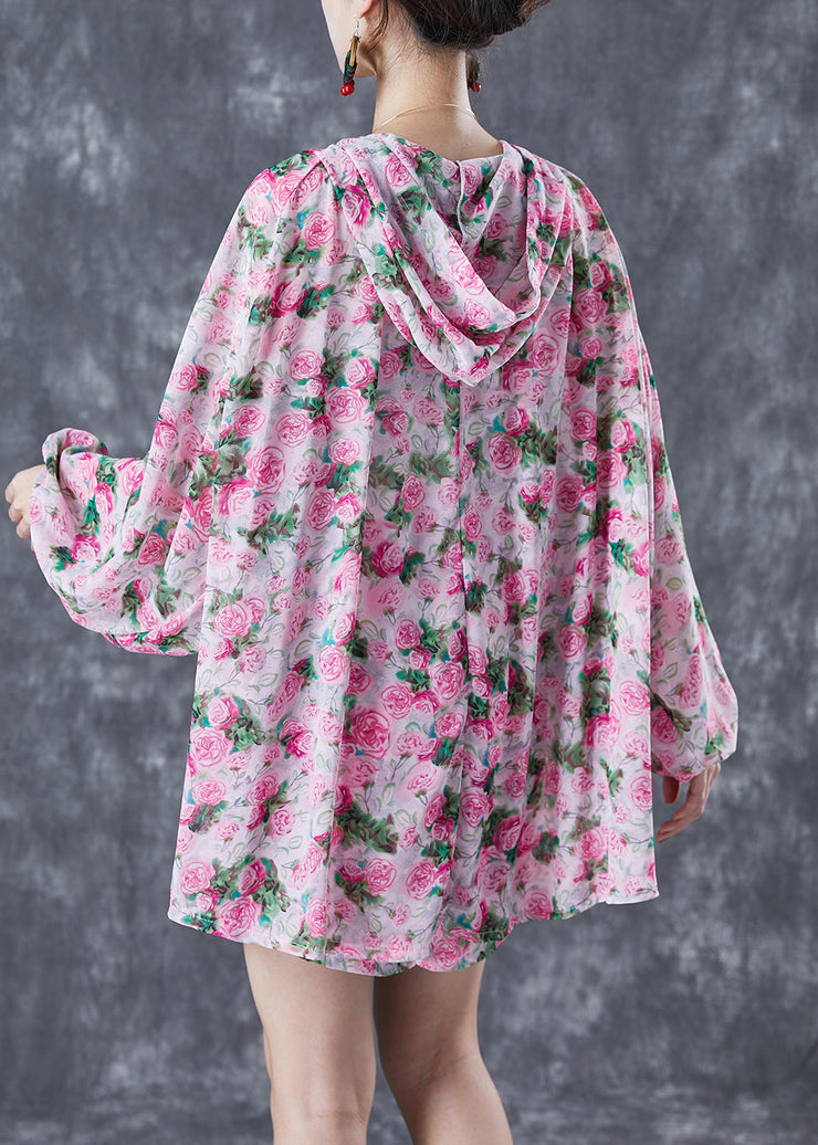 Pink Print Chiffon Two Pieces Set Hooded Oversized Lantern Sleeve