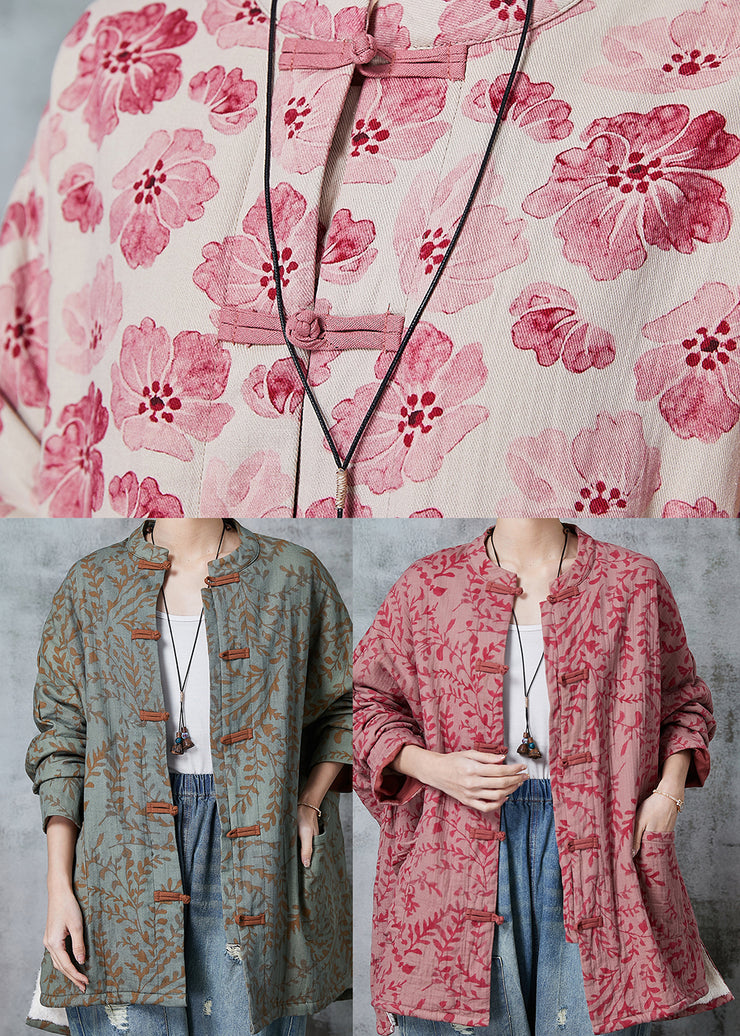 Pink Print Cotton Coat Outwear Chinese Button Spring