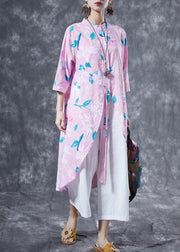 Pink Print Cotton Long Shirt Oversized Low High Design Summer