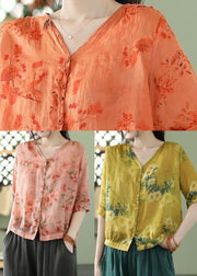 Pink Print Linen Shirt Tops V Neck Oversized Summer