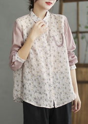 Pink Print Linen Top Peter Pan Collar Spring