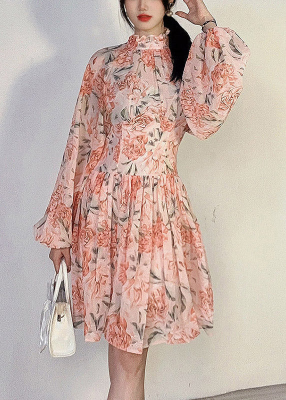 Pink Print Patchwork Chiffon Mid Dress Ruffled Long Sleeve