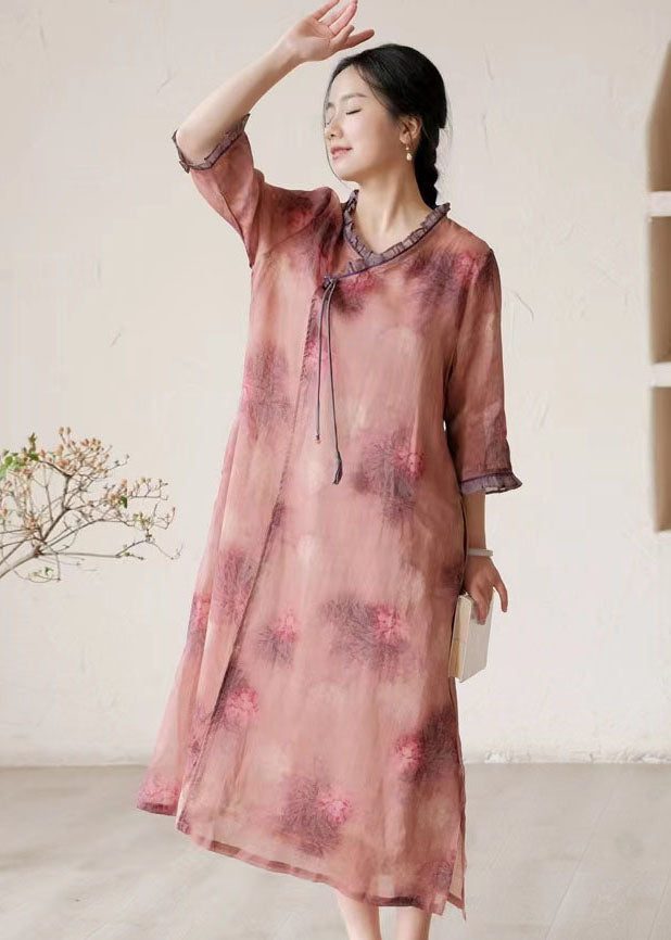 Pink Print Patchwork Linen Dresses Ruffled Side Open Summer