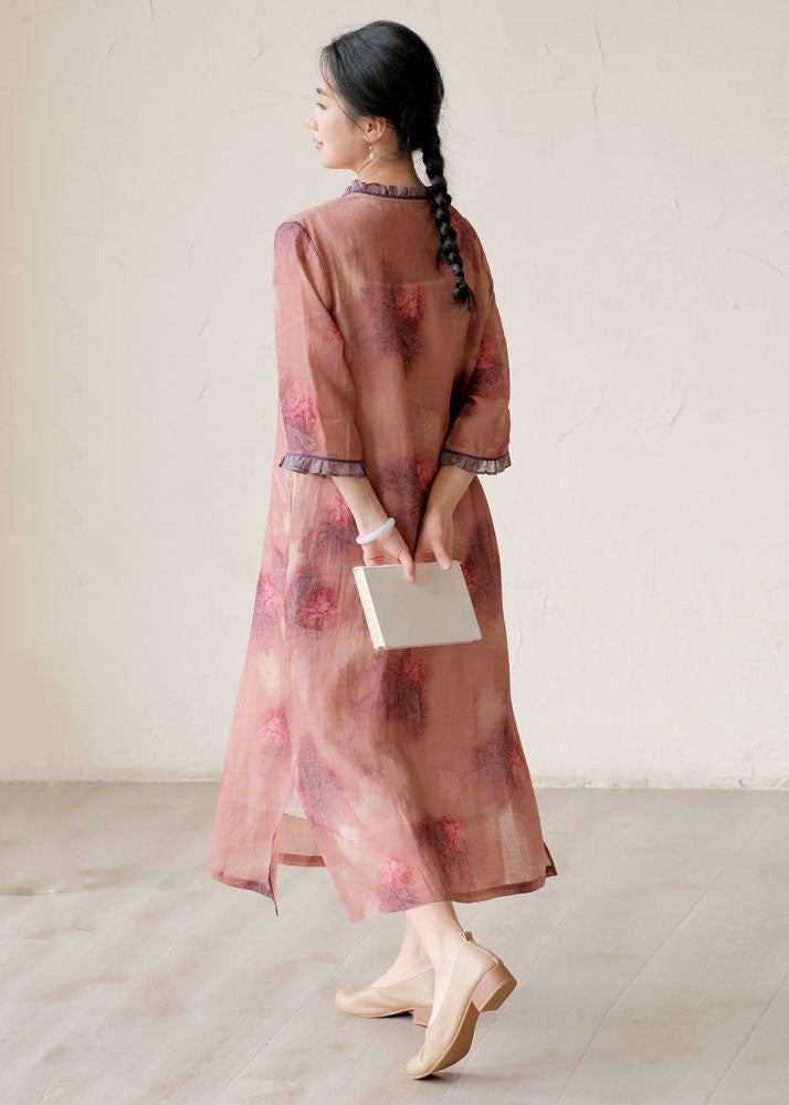 Pink Print Patchwork Linen Dresses Ruffled Side Open Summer