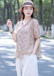 Pink Print Patchwork Linen Shirt Top V Neck Lace Up Summer