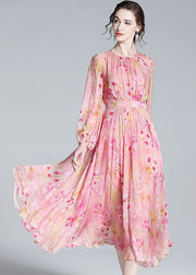 Pink Print Patchwork Silk Dresses O Neck Wrinkled Summer