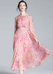 Pink Print Patchwork Silk Dresses O Neck Wrinkled Summer