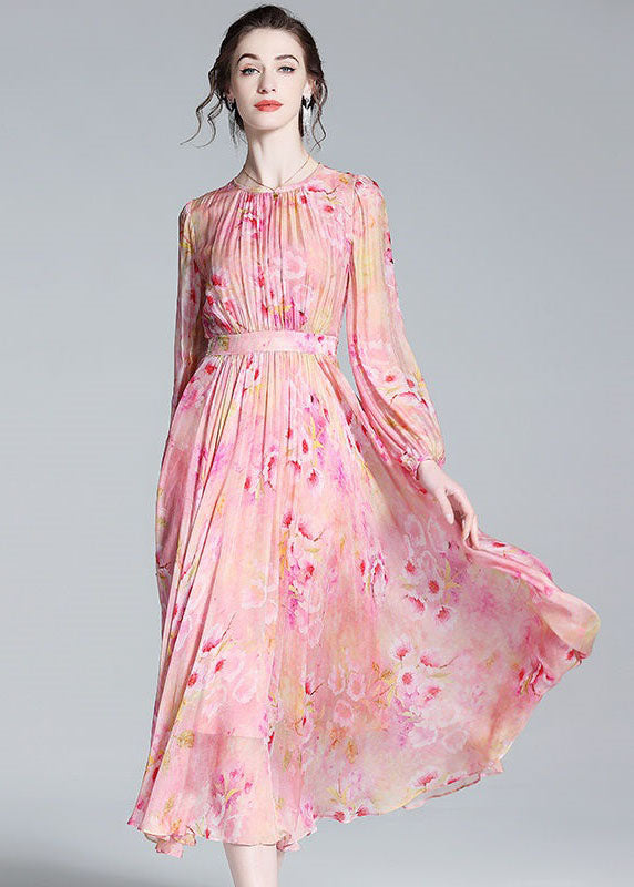 Pink Print Patchwork Silk Dresses O Neck Wrinkled Summer