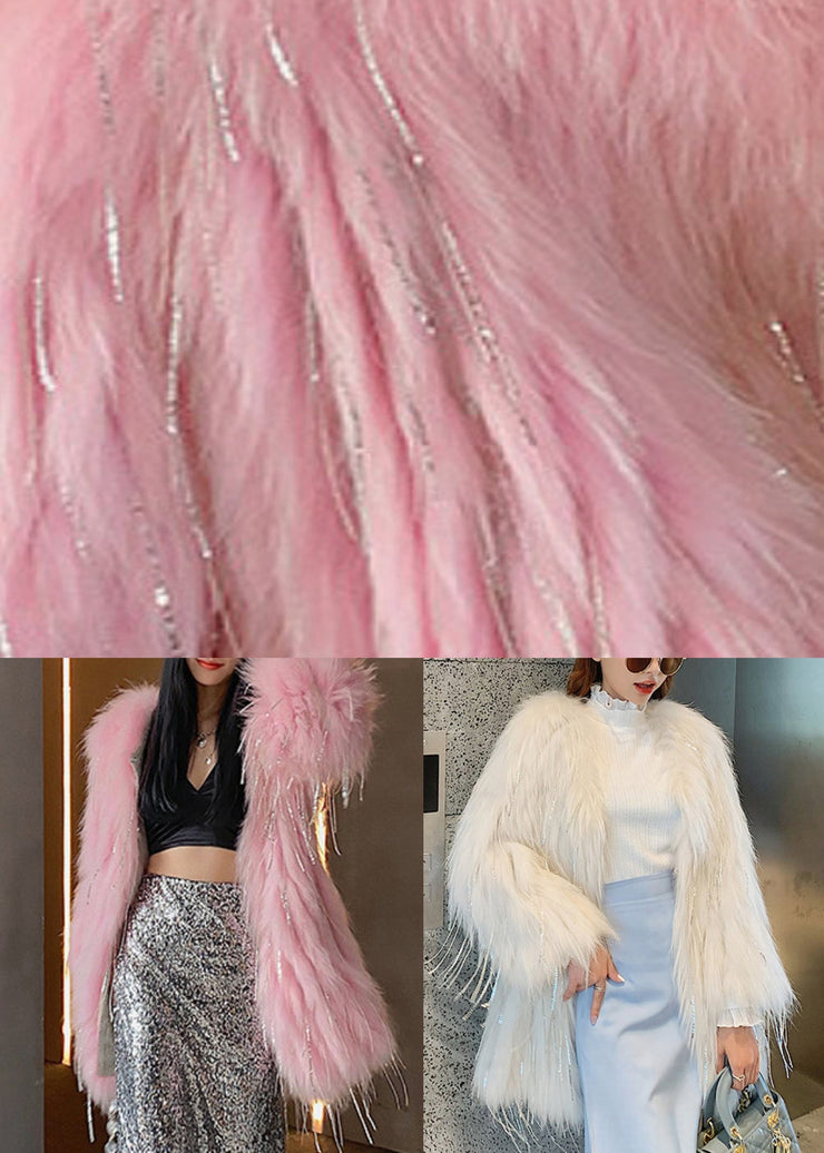 Pink Faux Fur Collar Button Leather And Fur Long Coats Winter