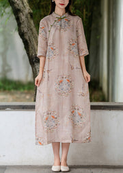 Pink Side Open Print Linen Long Dresses Stand Collar Summer