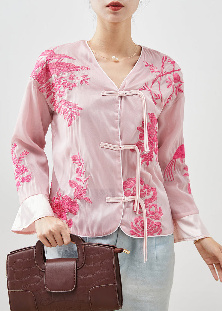 Pink Silk Blouse Tops Embroidered Tasseled Fall