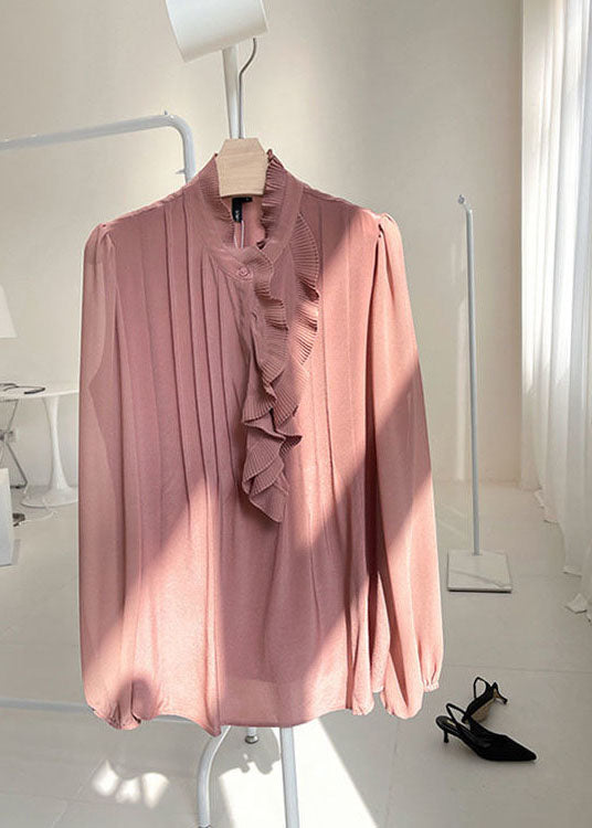 Pink Silk Shirt Top Stand Collar Cinched Spring