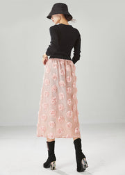 Pink Silm Fit Knit Skirts Three-dimensional Floral Fall