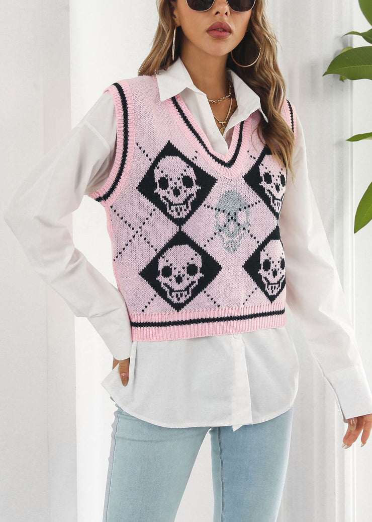 Pink Skull Cozy Patchwork Knit Vest V Neck Fall