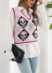 Pink Skull Cozy Patchwork Knit Vest V Neck Fall