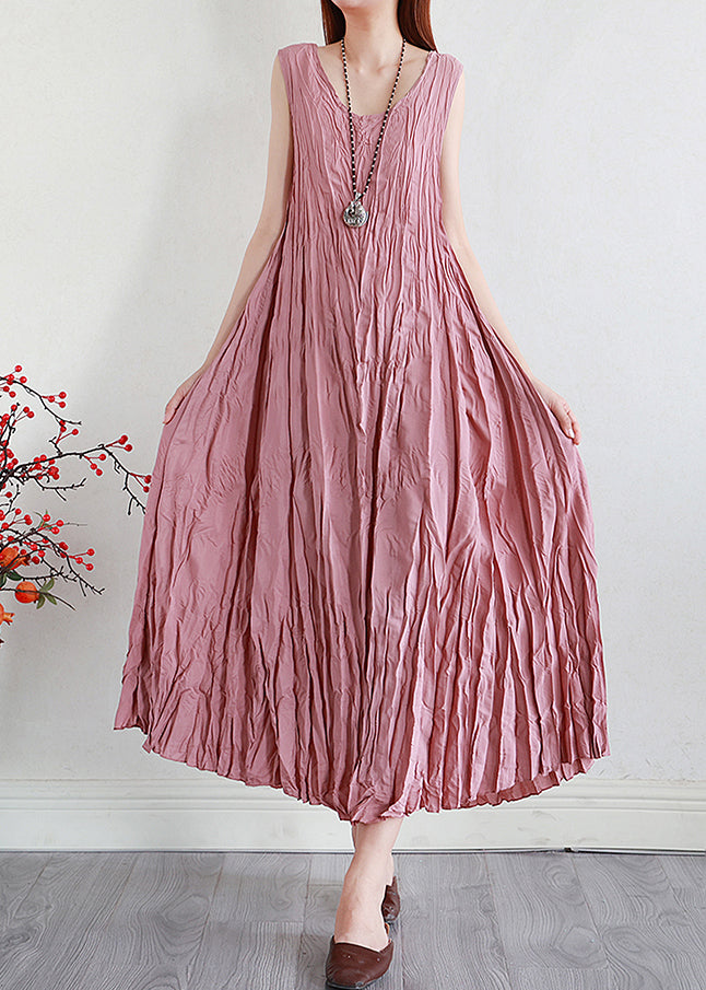 Pink Solid Silk Linen Long Dress O Neck Summer