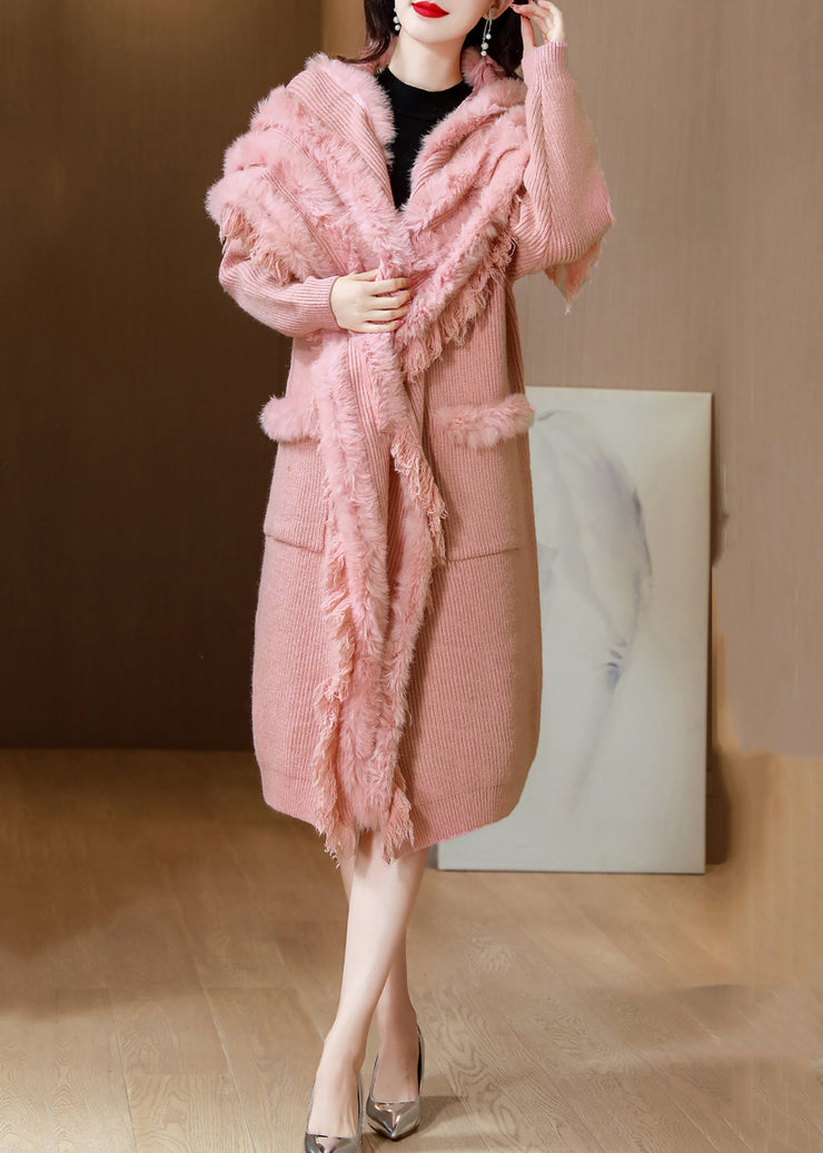 Pink Solid Thick Knit Winter Cardigan Fox Collar