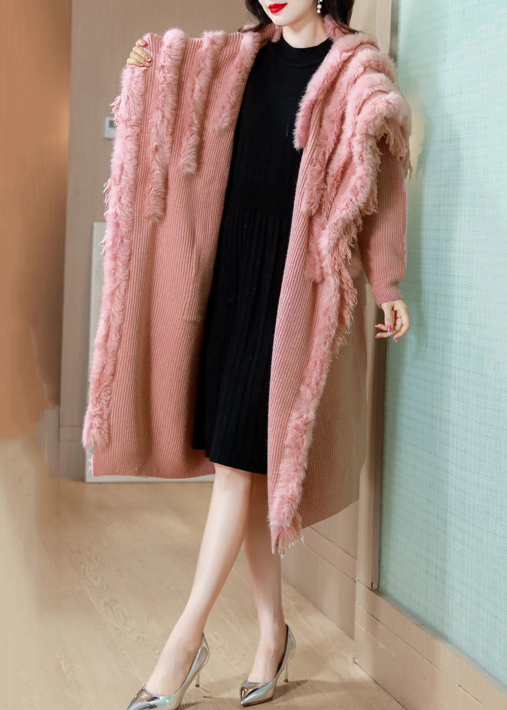 Pink Solid Thick Knit Winter Cardigan Fox Collar