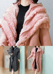 Pink Solid Thick Knit Winter Cardigan Fox Collar